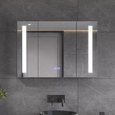 China 2-Face Schlomann Aluminum Hotel Led Germany Modern Design Anti-fog Smart Bathroom Mirror With Cabinet for sale