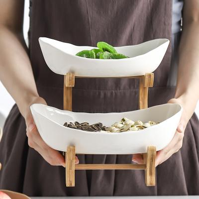 China Sustainable Fruit Basket Holder Stand 2 Tier with Bamboo Ceramic Drain Fruit Plate Tea Table Decoration Fruit Bowl for sale