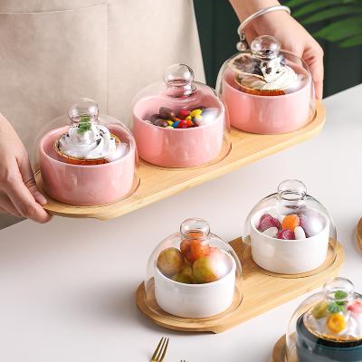 China CLASSIC Hot Sale Serving Bowl with Wooden Tray and Dome Glass Cover for Fruit Snack Ceramic Dessert Bowl for sale