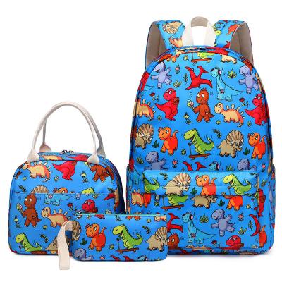 China 2022 Fashion Navy Blue Dinosaur Universal Printed Backpack Set 3 Pcs Child School Bag Kids Universal Waterproof Backpack for sale