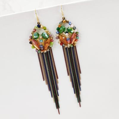 China Crystal Ladies Retro BOHEMIA Statement Bridal Earrings Bead Earring Long Chain Handcrafted Colorful Tassel for sale