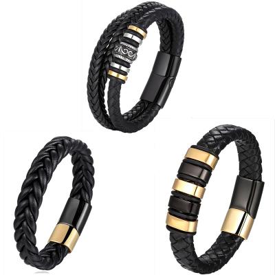 China CLASSIC Punk Genuine Leather Men's Bracelet With Magnetic Hand Jewelry Stainless Steel Clasp Bracelets Multilayer Leather Men for sale