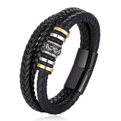 China CLASSIC Punk Genuine Leather Men's Bracelet With Magnetic Hand Jewelry Stainless Steel Clasp Bracelets Multilayer Leather Men for sale