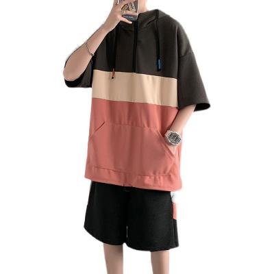 China QUICK DRY Sports and Leisure Suit Men's Summer Fashion Slim Korean Color Blocking Hooded Short Sleeved Loose Two-Piece Set Sweater Shorts for sale