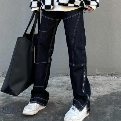 China New Design High Street Zipper Leg Line Men Open Slit Breathable Straight Tube Deconstruction Jeans Men's Loose Casual Long Pants for sale