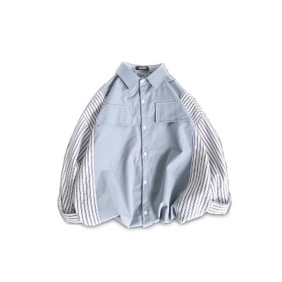 China Men's fashion brand ins spring shirt breathable handsome loose handsome long shirt coat quilted autumn leisure striped shirt and sleeve for sale