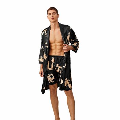 China 2021New Products QUICK DRY soft satin men's trible print long robe set long sleeve pajamas cotton sleepwear thermal lightweight loungewear for sale