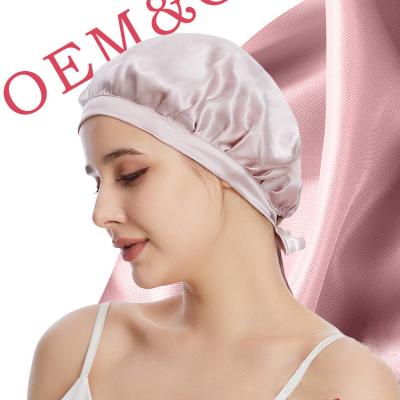 China Custom Image Logo 16mm Wrap Towel Turban Women Sleeping Night Cap Mulberry Hair Striped 100% Silk Hood for sale