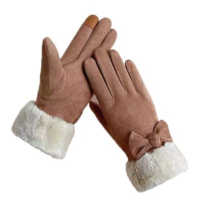 China Korean Cute Student Ladies Winter Cycling Touch Screen Windproof Gloves Plus Velvet Padded Warm Suede Full Finger Gloves for sale