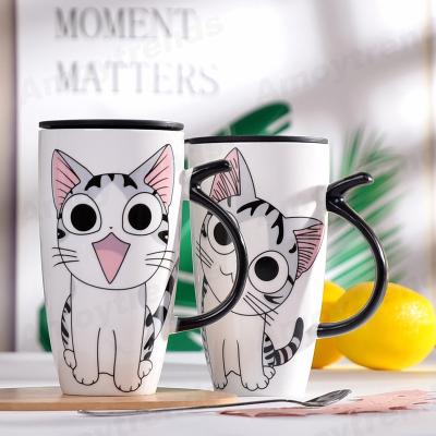 China Creative Viable 550ml Cartoon Cat Mug With Straw 18oz Ceramic Office Casual Travel Coffee Mug With Lid for sale