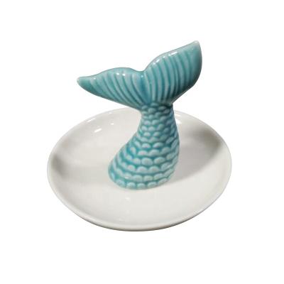 China Beautiful Smooth Glazed Ceramic Mermaid Blue Tail Jewelry Stand for sale