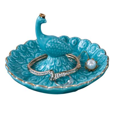 China Beautiful Soft Decorative Peacock Green Ceramic Jewelry Holder/Wedding Gold Rim Jewelry Ring Holder/Peacock White Blue Jewelry Dish for sale