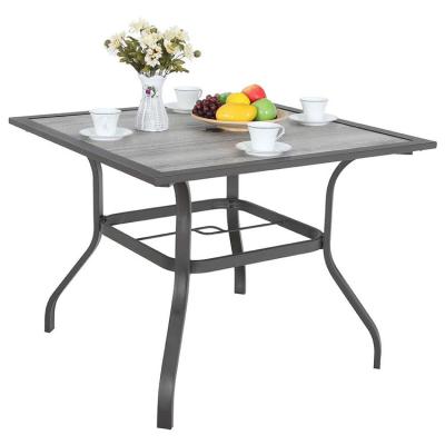 China Outdoor Table Square Steel With Wood Like Top With Umbrella Hole Retro And Fashionable Dining Table for sale