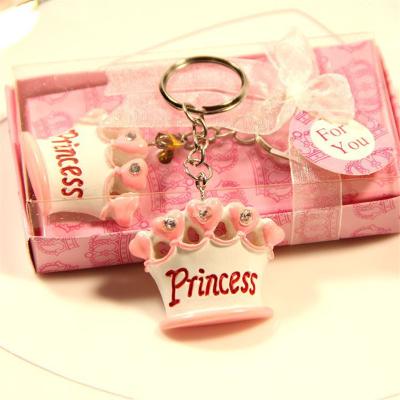 China Pink Baby Shower Favor Metal+Resin Keychains Wedding Gifts Crown Princess Key Chain Key Ring Favors for sale