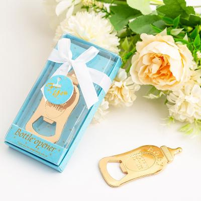 China Gold Feeding-Bottle Zinc Alloy Bottle Opener In Blue Box Newborn Baptism Party Favors for sale