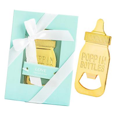 China Baby Boy's Gifts and Favors Zinc Alloy Golden Feeding-Bottle Openers Baby Bottle Opener Baby Shower Favors for sale