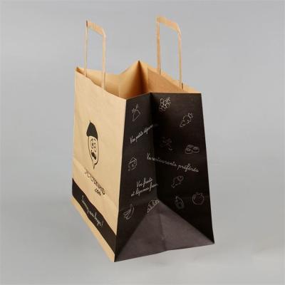 China Recyclable Custom Design Your Own Logo Flat Handle Restaurant Delivery Take Out Packaging To Carry Brown Paper Kraft Takeout Food Bag for sale