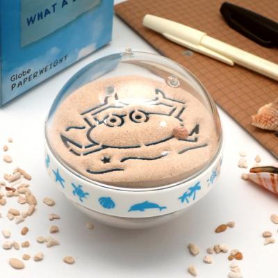 China World Paperweight 3 - Inch Round Flip Over to See Crab and Bucket Pattern Beach Sand Inside Sea Shell Souvenir for sale