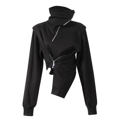 China Anti-wrinkle shorts tops 2021 drops new high zipper collar female oblique waist irregular waist long sleeve sweater for sale