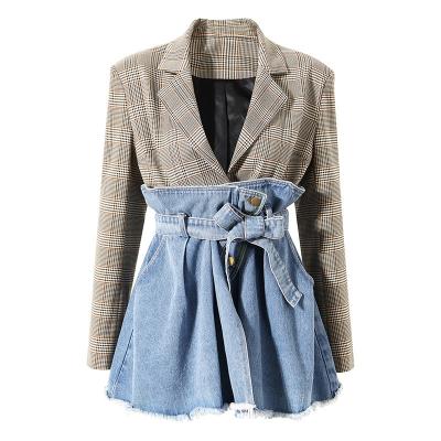 China 2022 Spring New Plaid Jacket Women's Fashion Top Trending Products Breathable Denim Blazer Woman Blazer Top Splicing Jacket for sale