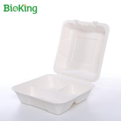 China Oil repellent; 8x8inch 3 Compartment Water Repellent Bagasse Pulp BioKing Biodegradable and Compostable Sugar Cane Clamshell for sale