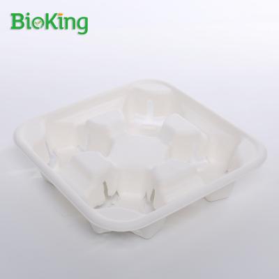 China Oil repellent; Water Repellent Disposable Cup Tray Biodegradable Bagasse Pulp Custom Logo Layer Packing Color Printing BioKing Coffee 4Compartment White for sale