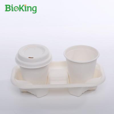 China Oil repellent; BioKing Water Repellent Disposable Coffee Cup 2Compartment Tray Biodegradable Bagasse Pulp Custom Logo Layer Packing Color Printing White for sale