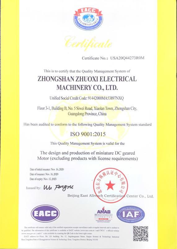 ISO9001 - Zhongshan Zhuoxi Motor Co., Ltd.