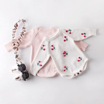 China 100% Cotton Spring Cherry Newborn Embroidered Dress Knitted Long Sleeve Simple Fashion Romper Infant Knit Jumpsuit for sale