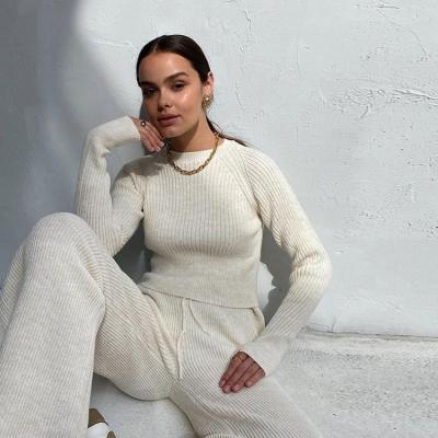 China QUICK DRY Rib Knit Long Sleeve Two Piece Custom Lounge Set Classic Women Sweater Set Wide Leg Sport Pant Suits Sweater Sets For Women for sale