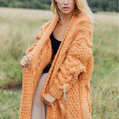 China Wholesale custom thick breathable ladies knitted long sweaters vintage sleeve cardigan coat cable knit wool sweater women for sale