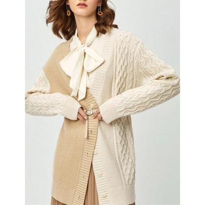 China Custom Made Luxury Women's Sweaters Open Front Long Cardigan Color Combination Breathable Cable Knit Sweater Fashionable Knitting Cardigan for sale