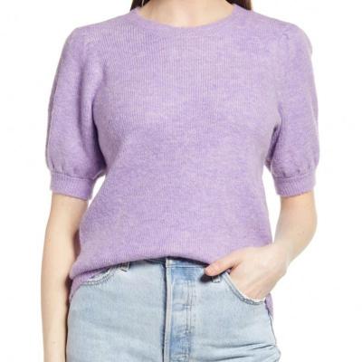 China 2023 Summer Custom Short Sleeve Woman Anti-wrinkle LOGO Knitted Lefile Puff Sleeve Sweater Women for sale