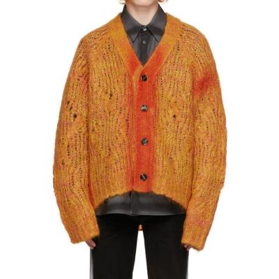 China Anti-wrinkle knit fuzzy V-neck Front Buttons Mohair Wool Men's Cardigan Sweater Custom LOGO Men knit mohair cardigan knitwear for sale