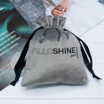 China Luxury Gray Drawstring Wrap Velvet Gift Pouch Custom Logo Printed Soft Velvet Jewelry Dust Bag for sale