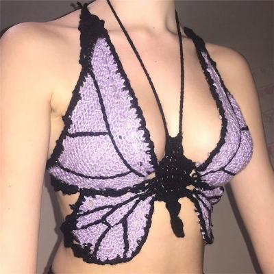 China Anti-wrinkle women summer knit halter top sexy V-neck backless crop top camisole hollow out crochet butterfly butterfly bra vest beach for sale