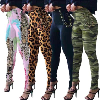 China 2022 Women Breathable Gaiters Sexy Lace Up Camouflage Leopard Print Pencil Pants Side Bandage Cross Pants High Waist Skinny Gaiters for sale