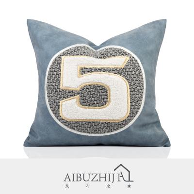 China AIBUZHIJIA Anti-Static Original Design Cushion Cover Applique Embroidery Decorative Blue Number Pillow Shape 18*18inch 45*45cm for sale