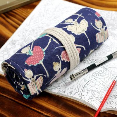 China Durable Painting Canvas 72 Holes Ballet Girl Pen Bag Stationery Pouch Supplies Roll Curtain Student Pencil Bags for sale