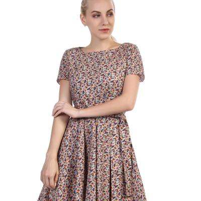 China Anti-Static Round Neck Ladies Floral Print Dress Women Midi Short Sleeve Dress for sale