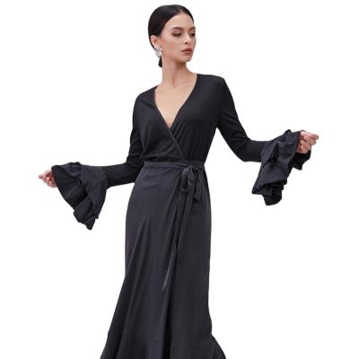 China New Style Vintage 100% Elegant Sexy Silk Bell Sleeve Wrap Dress Anti-Static For Banquet And Party for sale