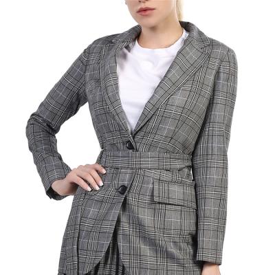 China Anti-wrinkle spring autumn ladies vintage style long collar single breasted plaid jacket blazer for sale