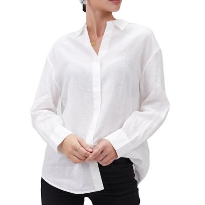 China Solid Color Anti-pilling Blouse Shirt Double Pocket Long Sleeve Single Loose Ramie Lapel 100% Canvas Shirt for sale