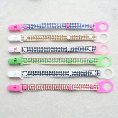 China Polyester KAM Pacifier Cotton Clip and Ribbon Type Baby Pacifier Holder with Silicone Ring for sale