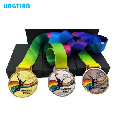 China Custom China Gold Silver Copper Metal Award Medal Set 3D Basketball Sport Medals With Colorful Ribbon for sale