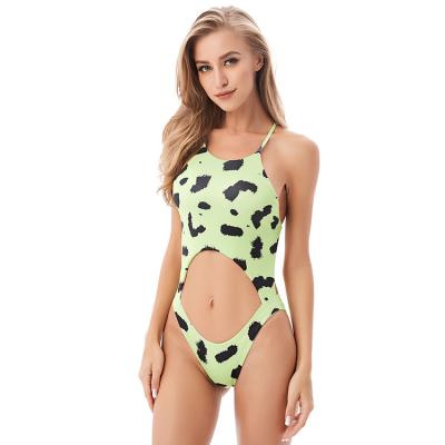 China Sling Halter Sexy Women Bikini Anti-UV Green Printed One Piece Swimwear for sale