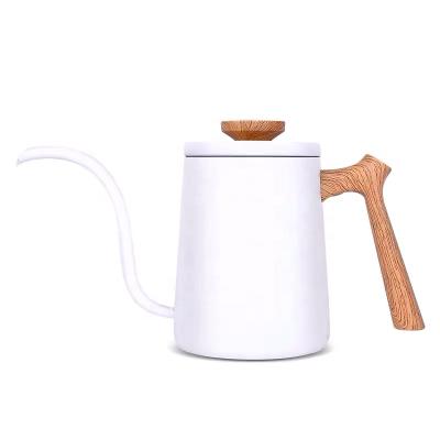 China MOJAE New Design Viable White Gooseneck 600ml Stainless Steel Manual Drip Coffee Kettle With Wooden Handle for sale