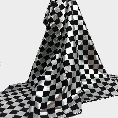 China Viable checkerboard for foil printed hologram spandex stretch fabric for swimwear costume wear for sale