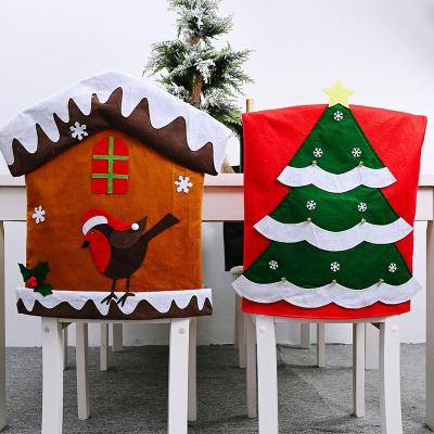 China Indoor Christmas Decoration Banquet Kitchen Decor Christmas Dining Room Table Decoration Cartoon Bird Christmas Tree Chair Cover for sale