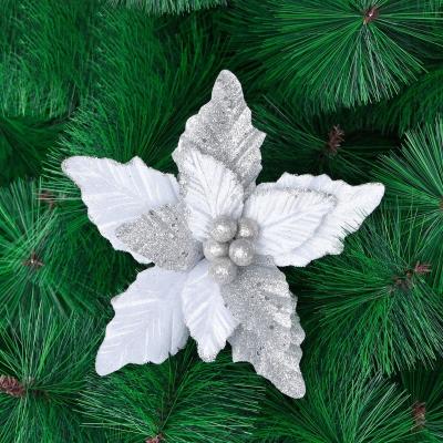 China Indoor Christmas Tree Garland Decoration Artificial Garland 22 cm 9 Inch Glitter Christmas White Silver Flowers for sale